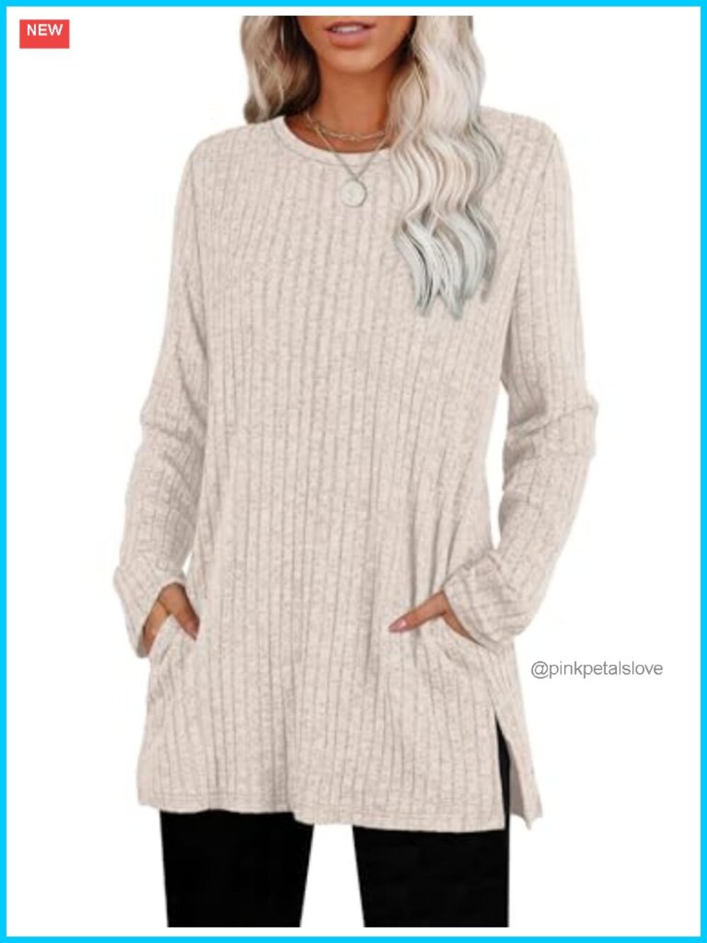 Crewneck Long Sleeve Tunic Sweater with Pockets Side Slit